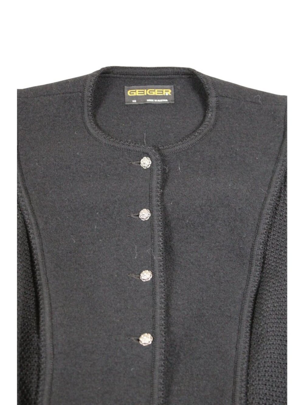 Geiger Black Wool-Blend Austrian Button Cardigan With Textured Knit Sleeves - Picture 2 of 4